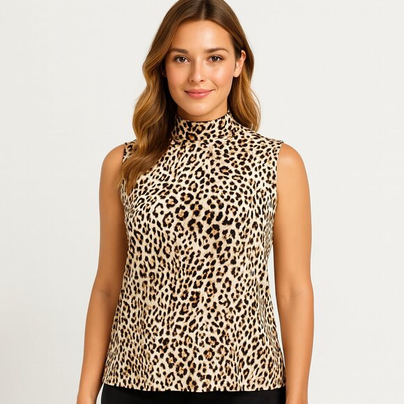 Chico’s 1 (M) Brown Tan Leopard Animal Print Sleeveless Mock Neck Top Resort NWT - Picture 1 of 7